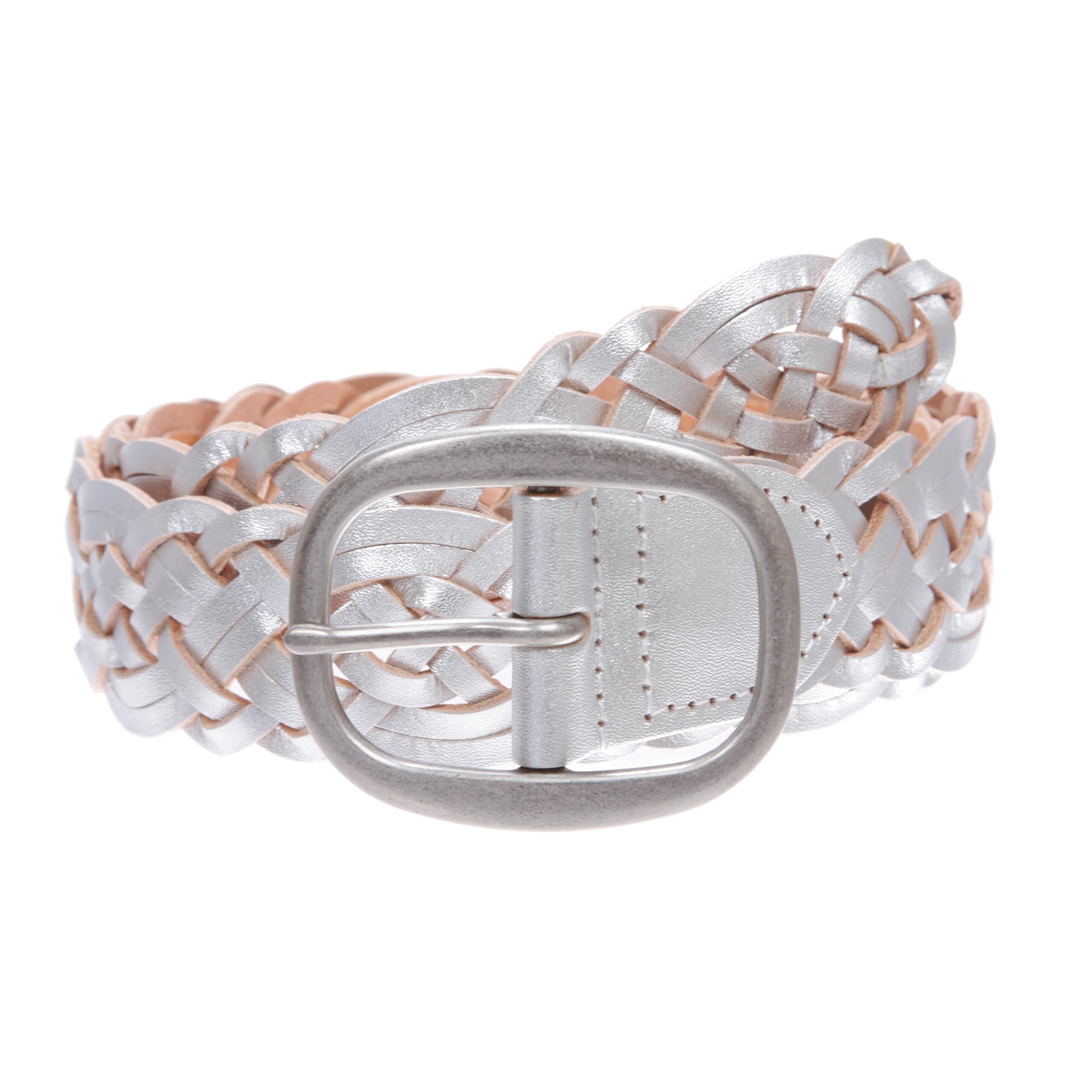 5234 1 12 37 Mm Womens Oval Braided Woven Leather Belt Matt Silver